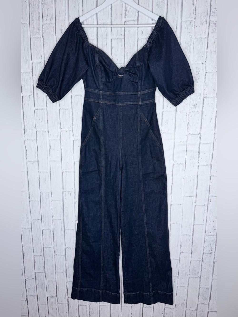 Farm Rio Denim Puff Sleeve Wide Leg Jumpsuit Dark Wash Size M - Picture 2 of 8